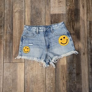 PacSun Light Blue Jean Shorts with Yellow Smiley Patches